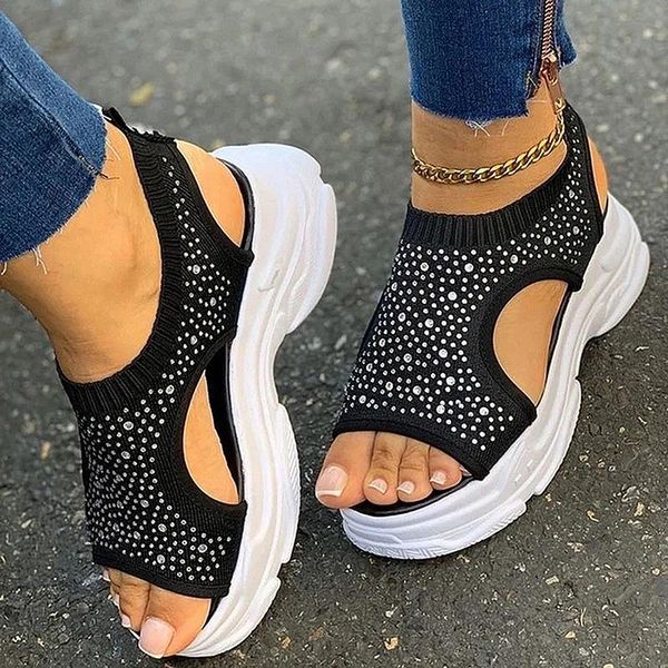 

sandals summer women open toe wedges platform ladies shoes knitting lightweight sneakers big size zapatos mujer 2021, Black
