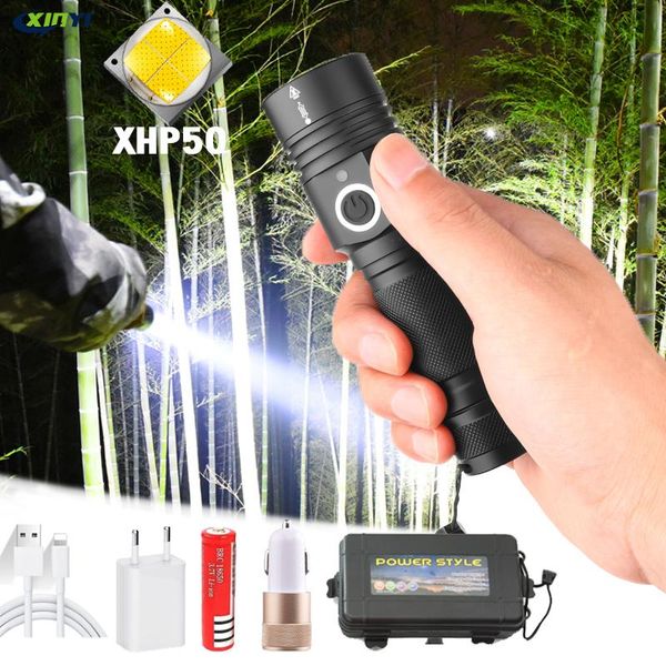 

70000lm powerful led xhp50 usb charging zoom led torch lanter 1*18650 battery for camping cycling lamp