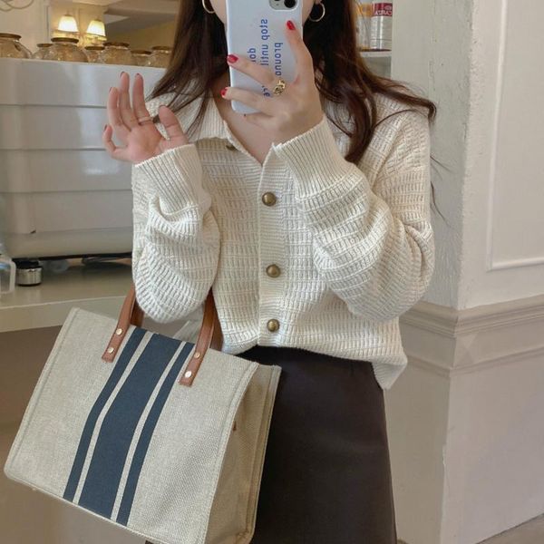 

women's knits & tees vintage elegant knitted sweaters women solid casual korean fashion cardigans long sleeve japanese designer autumn, White