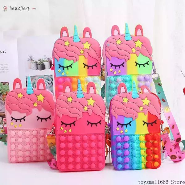 

novelty rainbow push bubbles bag cute cartoon wallet silicone messenger girls decompression lovely handbag