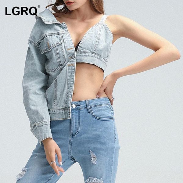 

women's jackets [lgrq] loose fit blue asymmetrical denim jacket lapel long sleeve women coat fashion tide spring autumn 2021 19d1892, Black;brown