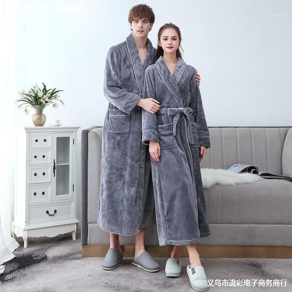 

men's sleepwear lovers winter women coral fleece robe gown lapel warm nightgown thick flannel kimono bathrobe lingerie soft nightwear, Black;brown