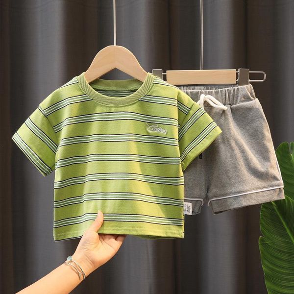 

clothing sets baby set boy summer casual cotton kids o-neck + grey elasticated pants toddler striped short sleeve sports outfits, White