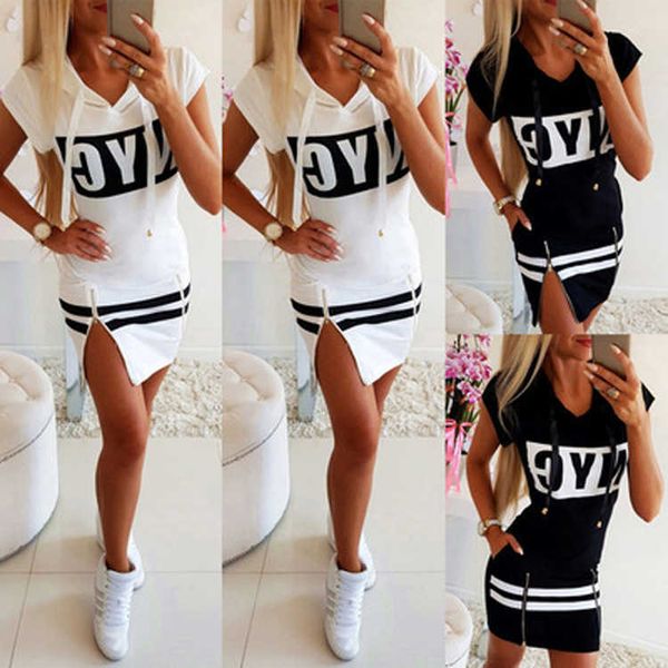 

women's 2021 fashion slim fit short sleeve hooded letter print split drs, Black