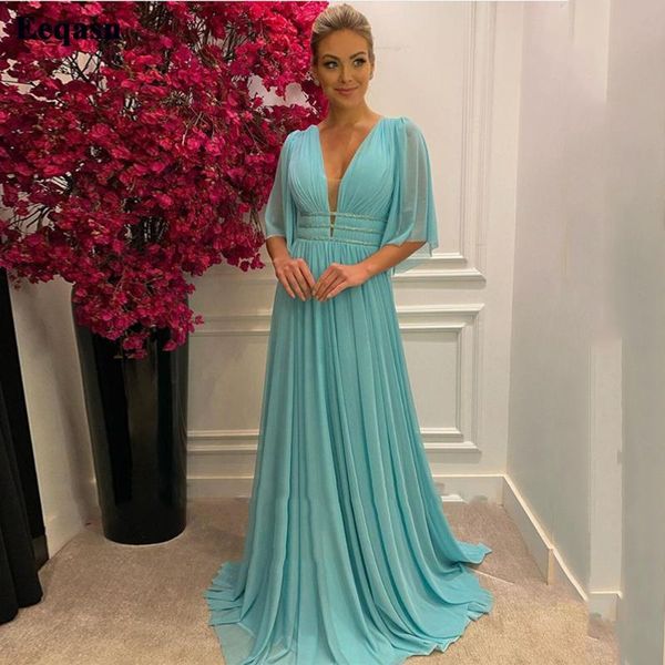 

party dresses eeqasn classic chiffon long evening half sleeve v-neck women formal prom gowns pleated special event dress night club, White;black