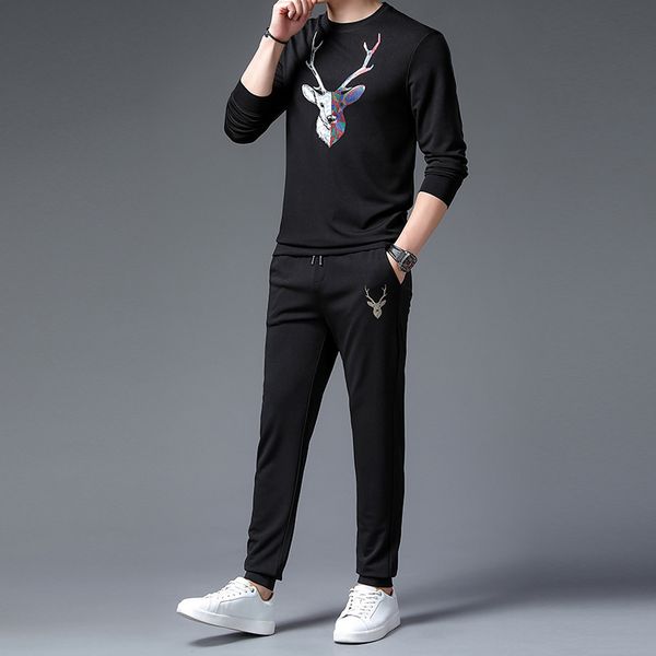 

men's t shirts suit winter autumn pants t-shirt casual deer head print, White;black