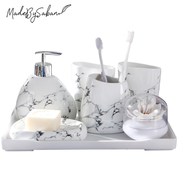 

5pc marble ceramic bathroom accessories set soap dispenser/toothbrush holder/tumbler/soap dish with tray
