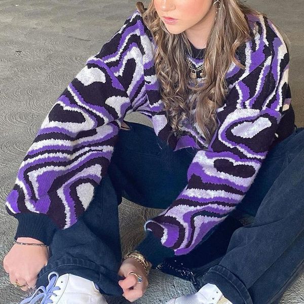 

women's sweaters wave print grunge vintage chic fashion cropped knitwears autumn winter casual pullovers streetwear, White;black