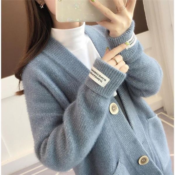

2021 new cashmere sweater women autumn winter warm clothes knitted jumper pull femme hiver streetwear casual loose cardigan bl5q, White;black