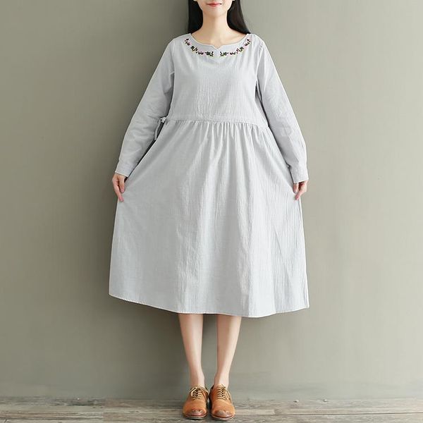 

casual dresses spring autumn gray cotton linen dress fashion long sleeve floral embroidered for women vestidos, Black;gray