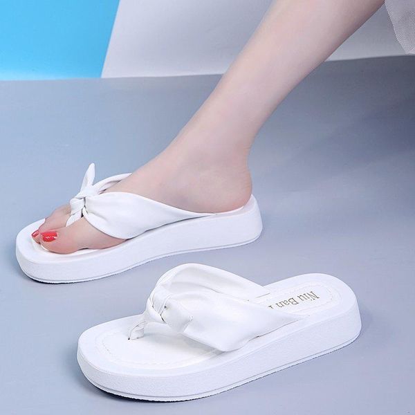 

slippers rubber flip flops flat shoes female butterfly-knot low hawaiian fabric pu fl, Black