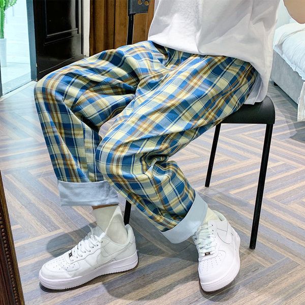 

men's pants fashion plaid print baggy cargo blue color casual loose straight elastic waist streetwear trousers s-2xl u65r, Black