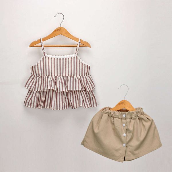 

2021 children's suit summer new girls' striped suspender + skirt pants two piece set, White