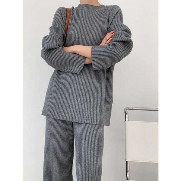 

women two pieces sets o neck dropped shoulder knitted sweater elastic waist loose straight wide leg pants tracksuit women's piece, White