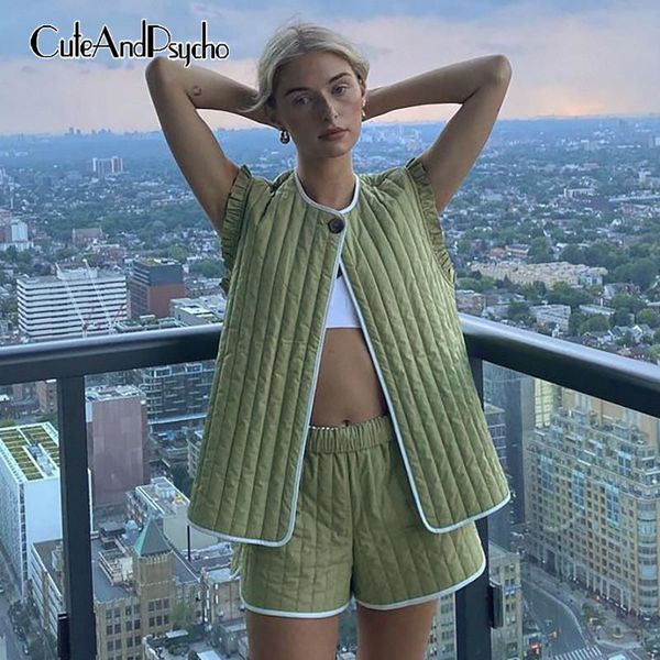 

women's tracksuits vintage y2k aesthetic two piece of sets sleeveless coats and shorts suits casual autumn warm cuteandpsycho, Gray