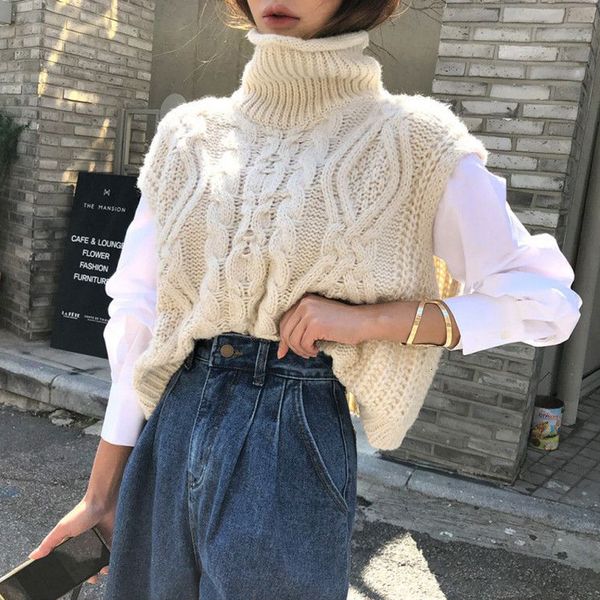 

2021 autumn new women sweet sleeveless style turtleneck loose sweater short 4kwd, White;black