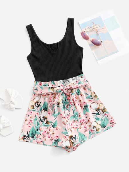 

floral print belted romper z7bk#, White