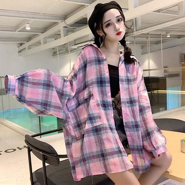 

women's blouses & shirts women plaid fashion big pocket female turn-down collar long sleeve shirt casual loose, White