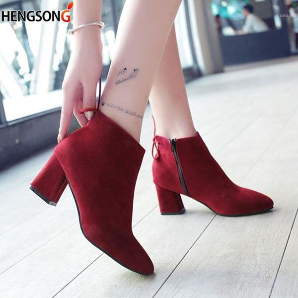 

boots fashion spring women zip casual flock pointed toe high square heel women's ankle botas mujer1, Black