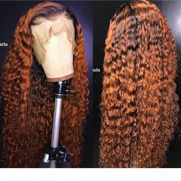 

ombre curly full lace wig blonde two tone color 1b# 30# brazilian full lace front human hair wigs kinky curly with baby hair, Black;brown