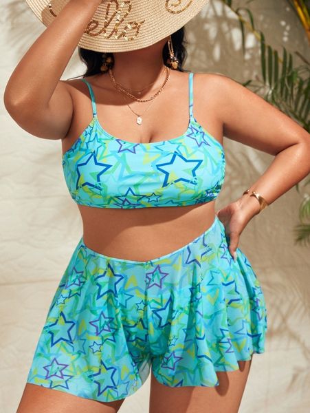 

plus allover star print high waisted bikini swimsuit with beach shorts l4ux#, Black