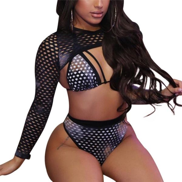 

women hollow out mesh swimwear 3 pieces set see through long sleeve swimsuit lace up bra thong panty beach bathing suit
