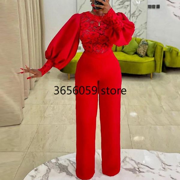 

ethnic clothing elegant african jumpsuit long lantern sleeve red lace patchwork rompers plus size wedding party for women outfits