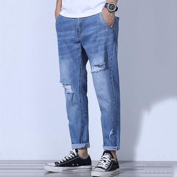 

men's jeans denim nine-point ripped trousers fashion loose elasticity four season harlan, Blue