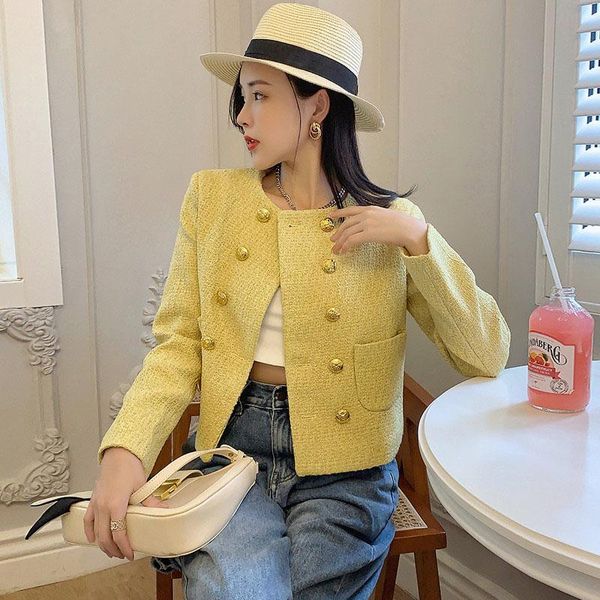 

women's jackets korea 2021 fall winter women full sleeve metal button short jacket double breasted tweed casual yello pockets outerwear, Black;brown