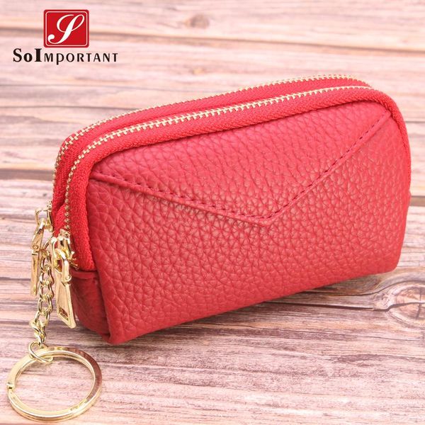 

wallets women double zipper coin purses vintage genuine leather female money bags holder small wallet with key ring, Red;black