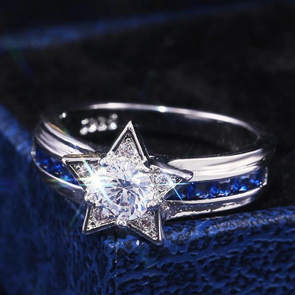 

wedding rings jk navy style blue white color with shiny star shaped women micro paved factory direct selling drop, Slivery;golden