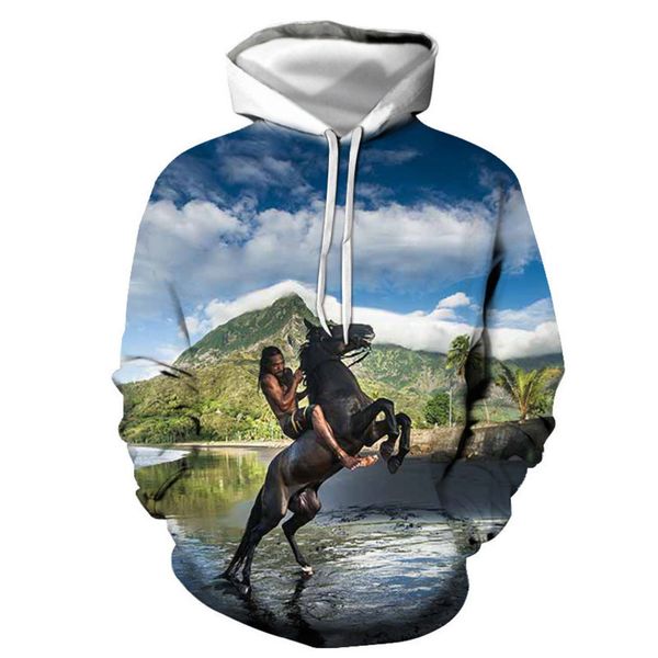 

men's 3d hoodie animal horse peripheral men's hooded sweater, Black