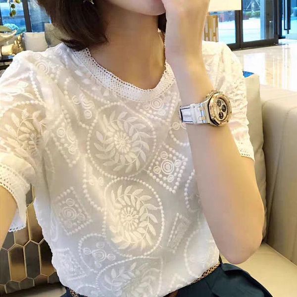 

summer o-neck short sleeve embroidery lace blouse shirt women, White