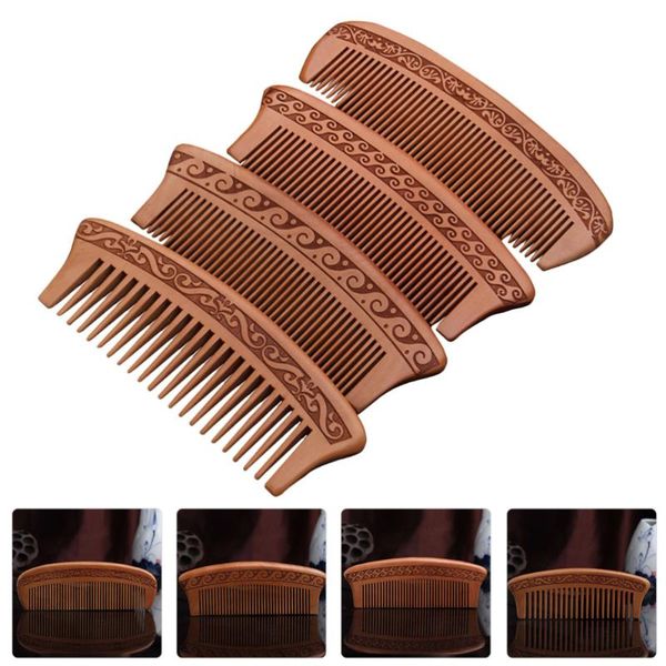 

hair brushes 4pcs double sided carving combs peach wood anti-static retro, Silver