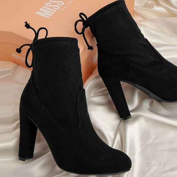 

boots lace up women ankle flocked leather high heels ladies shoes autumn winter round toe female, Black