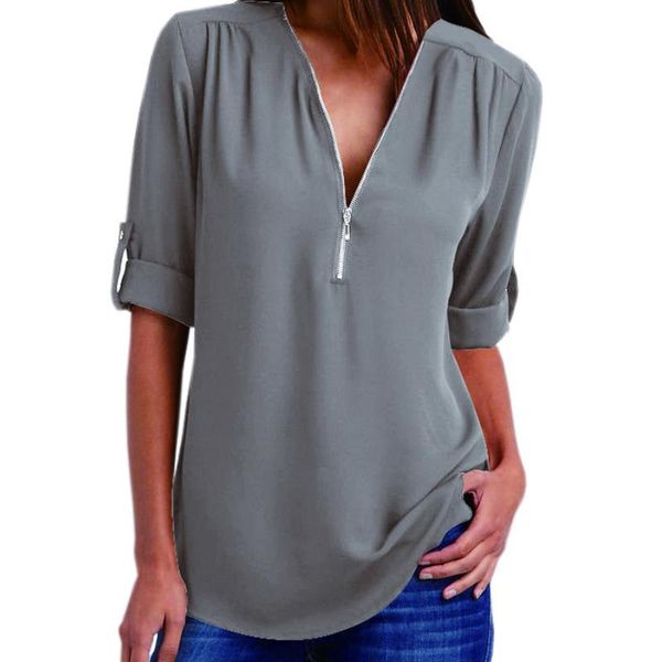 

women's blouses & shirts women chiffon blouse v neck zipper large size 2021 sleeves loose shirt casual solid ladies office blusa femini, White