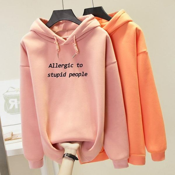 

women sweatshirt oversized hoodie harajuku allergic to stupid people letter print sweatshirt winter warm tracksuit plus size 4xl, Black