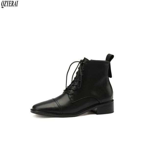 

boots women ankle genuine leather black lace-up 2021 autumn winter cowhide shoes
