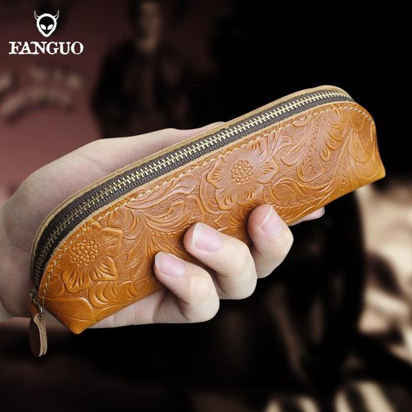 

card holders genuine leather pencil case high capacity pen bags cute letter for girls gift school supplies retro stationery, Brown;gray