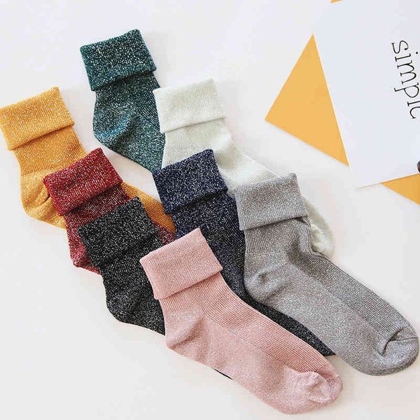 

sp&city winter cotton solid shiny woman simple socks fashion art fold female student thick warm metallic line sock, Black;white