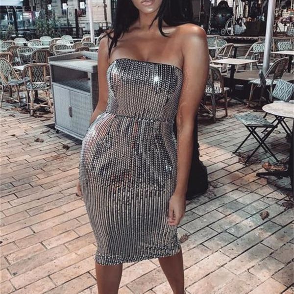 

2021 new women strapless backless sier sequins glitter bodycon bandage designer elegant evening party vestido y08f, Black;gray