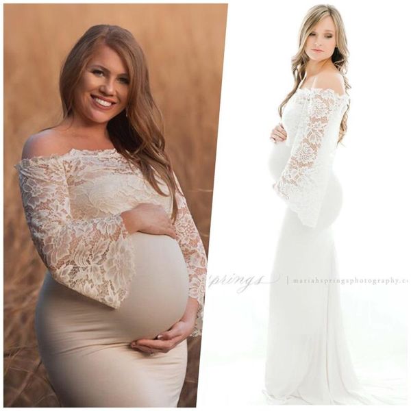 

maternity dresses 2021 lace for po shoot pregnancy women dress pography long tail baby shower flare sleeve, White