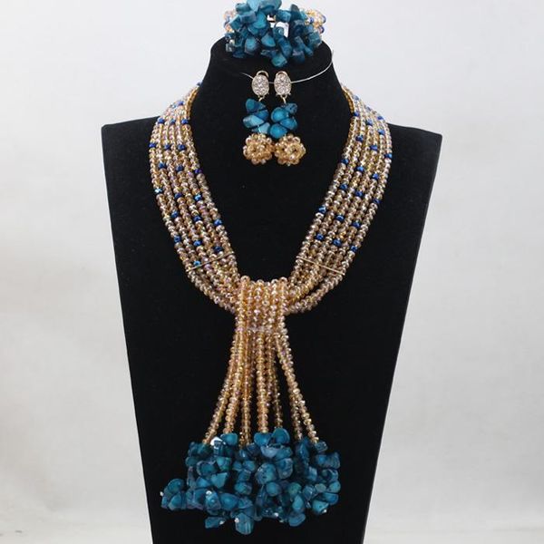 

earrings & necklace blue coral pendant african wedding beads jewelry set gold mix nigerian wa489, Silver