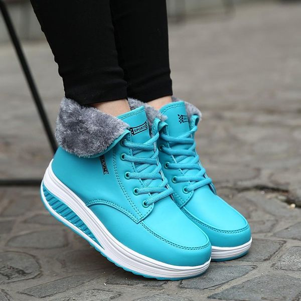 

boots women winter warm snow pink ankle for female platform shoes fur plush high-cotton, Black