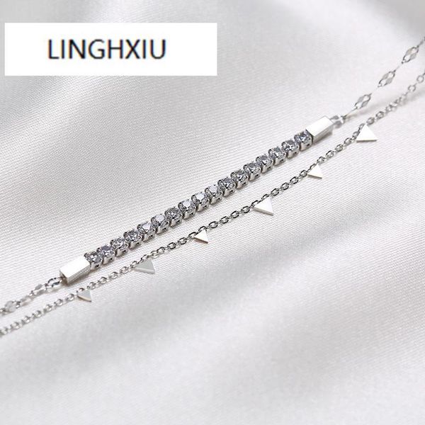 

link, chain 2 pieces set layered link bracelet for women stacking cubic zirconia stone shinny minimalist jewelry, Black