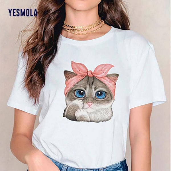 

women's t-shirt yesmola lovely cat print t shirt women cotton o neck short sleeve summer harajuku cute 90s casual tshirt, White