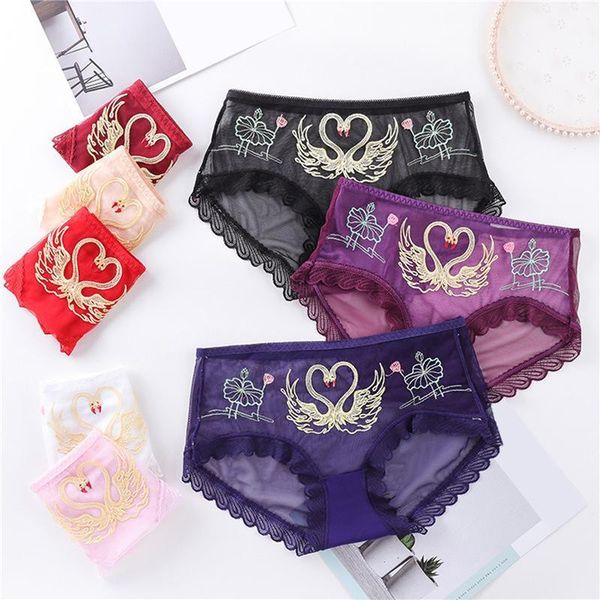 

colors embroidery ladies briefs cute lovely girls seamless underpanties mid wair mesh see through intimate women lingerie women's panti, Black;pink