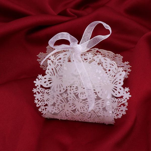 

gift wrap 50pcs hollow pansy square candy box hollow-out holders chocolate treat boxes wedding party favors(white + ribbon)