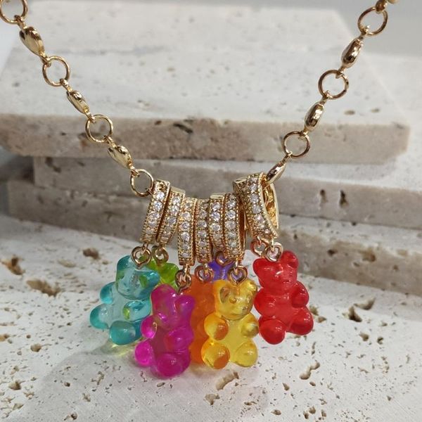 

chains colorful transparent resin bear zircon pendant choker necklace for women gummy animal puppy dog heart link chain, Silver