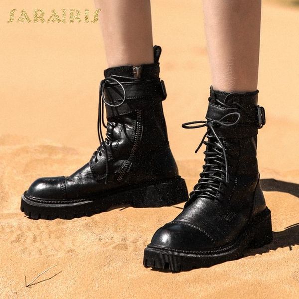 

boots sarairis 2021 fashion genuine cow leather comfy non slip shoes woman belt buckle zipper low heels booties female, Black